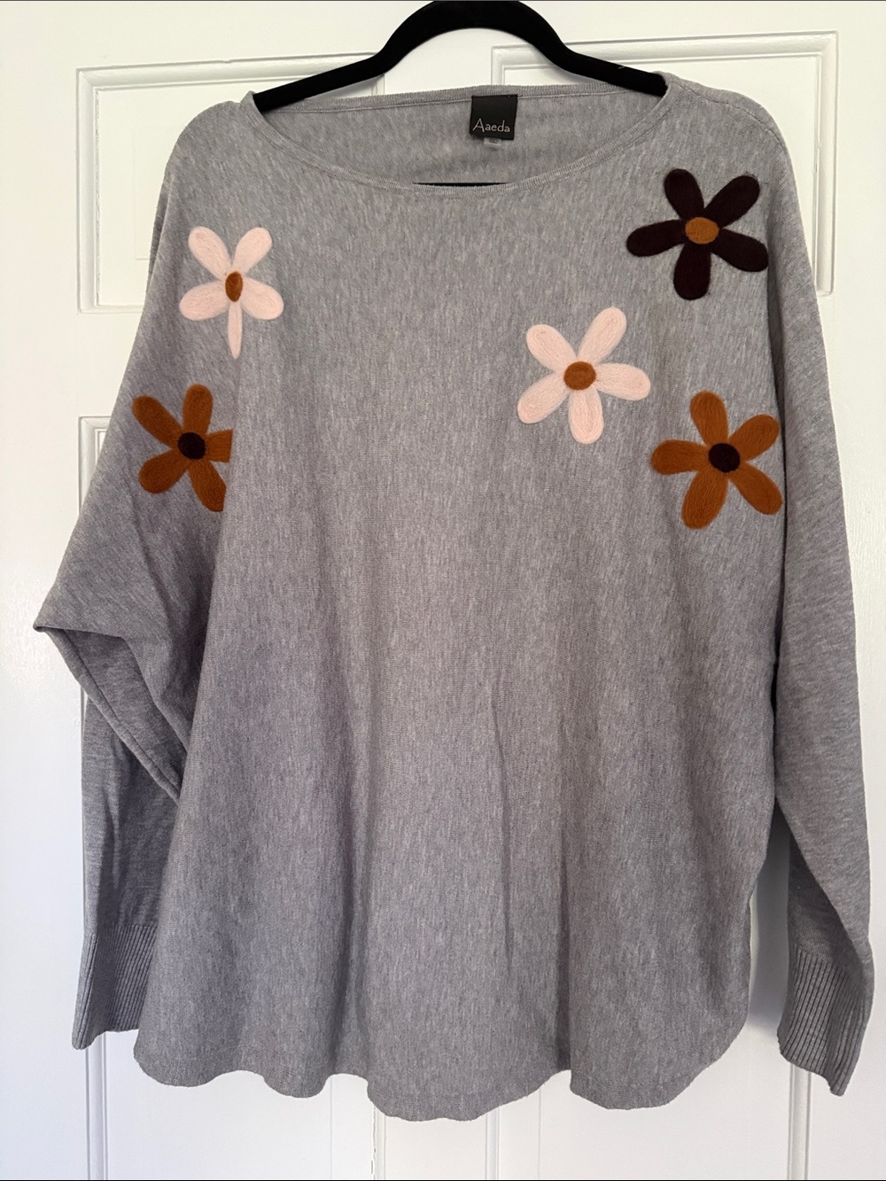 Aaeda Gray Floral Appliqué Crewneck Sweater